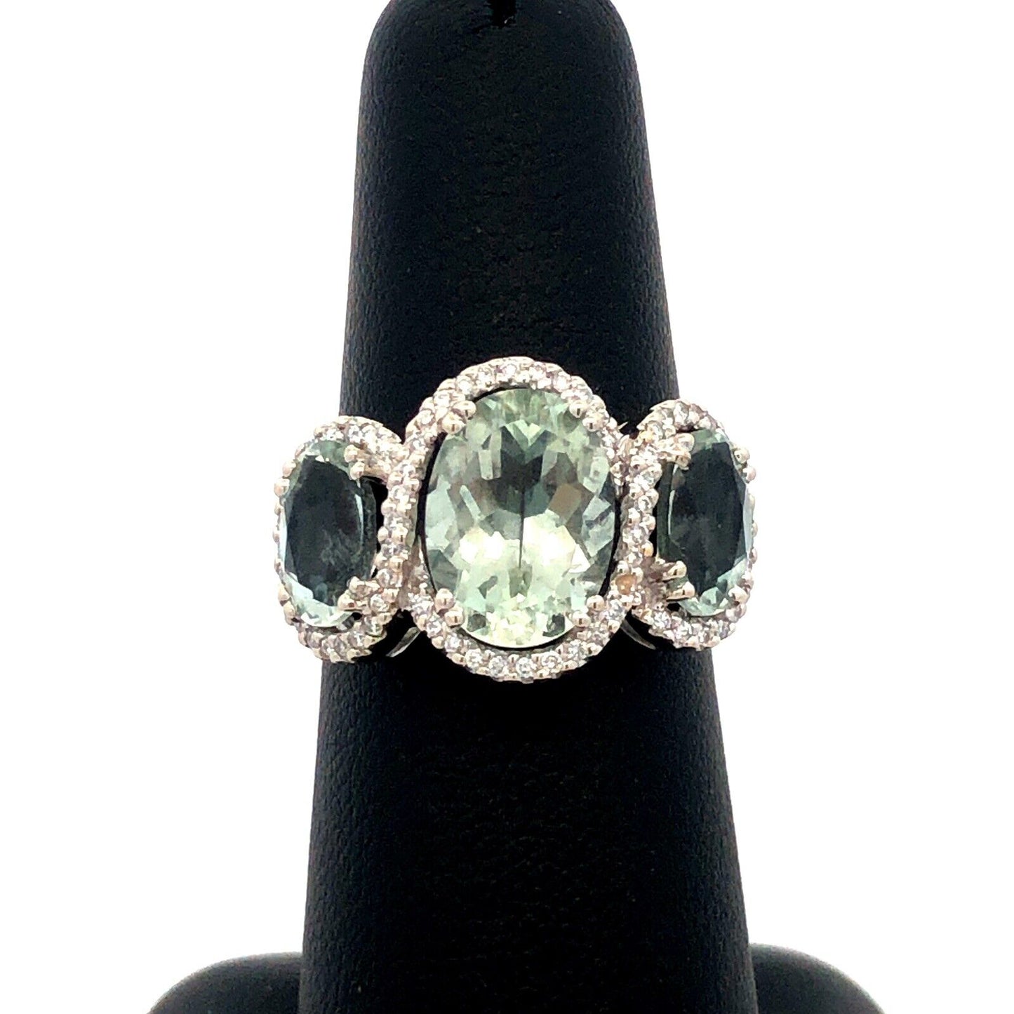 Designer SGC 14K White Gold Oval Green Amethyst Trio Diamond Halo Statement Ring