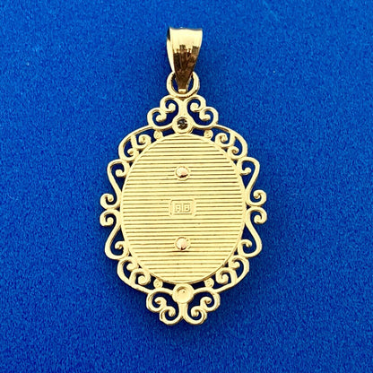 Vintage 10K Yellow White Rose Gold Diamond Oval Filigree Mother Mary Pendant