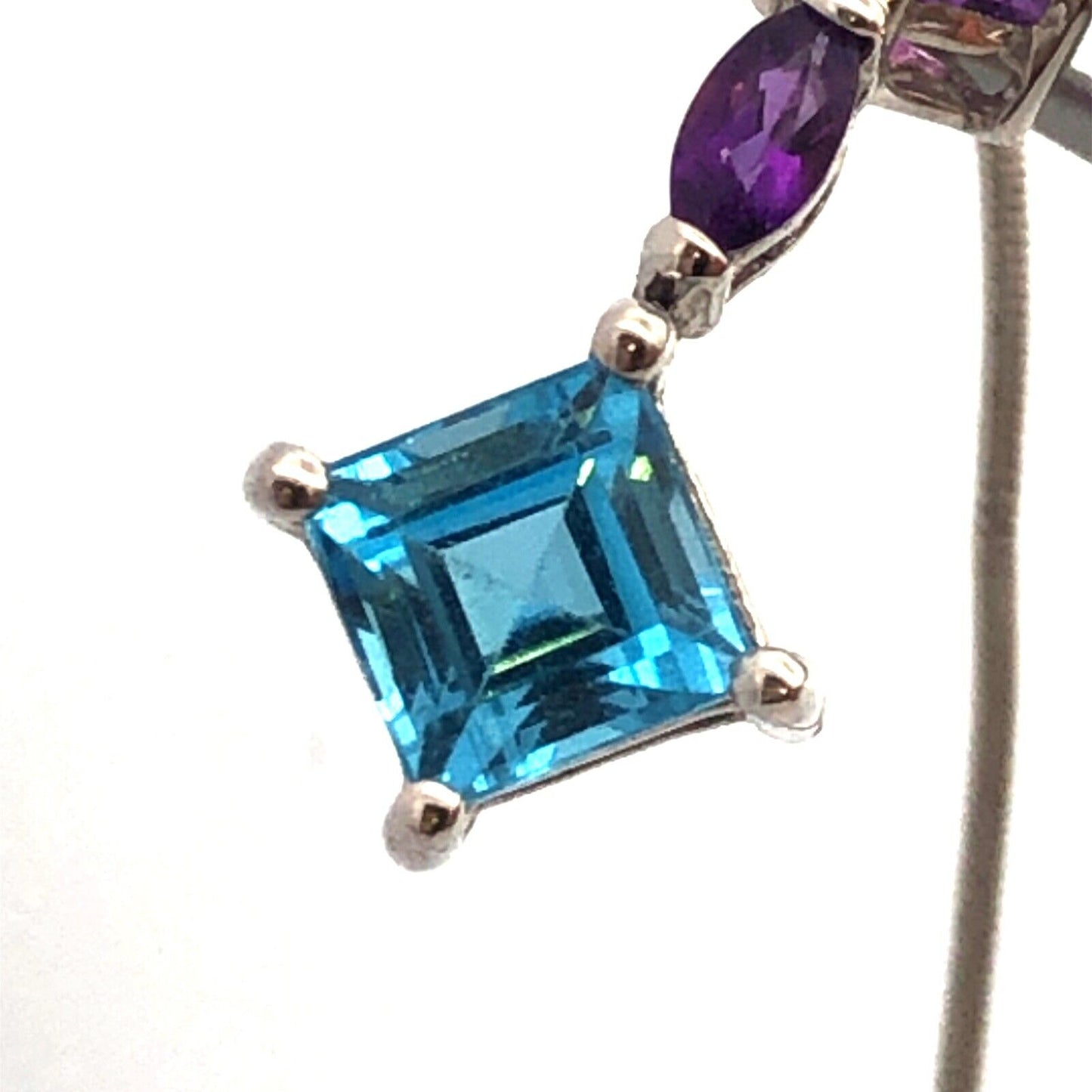 Designer 14K White Gold Blue Topaz and Amethyst Dangle Threader Earrings