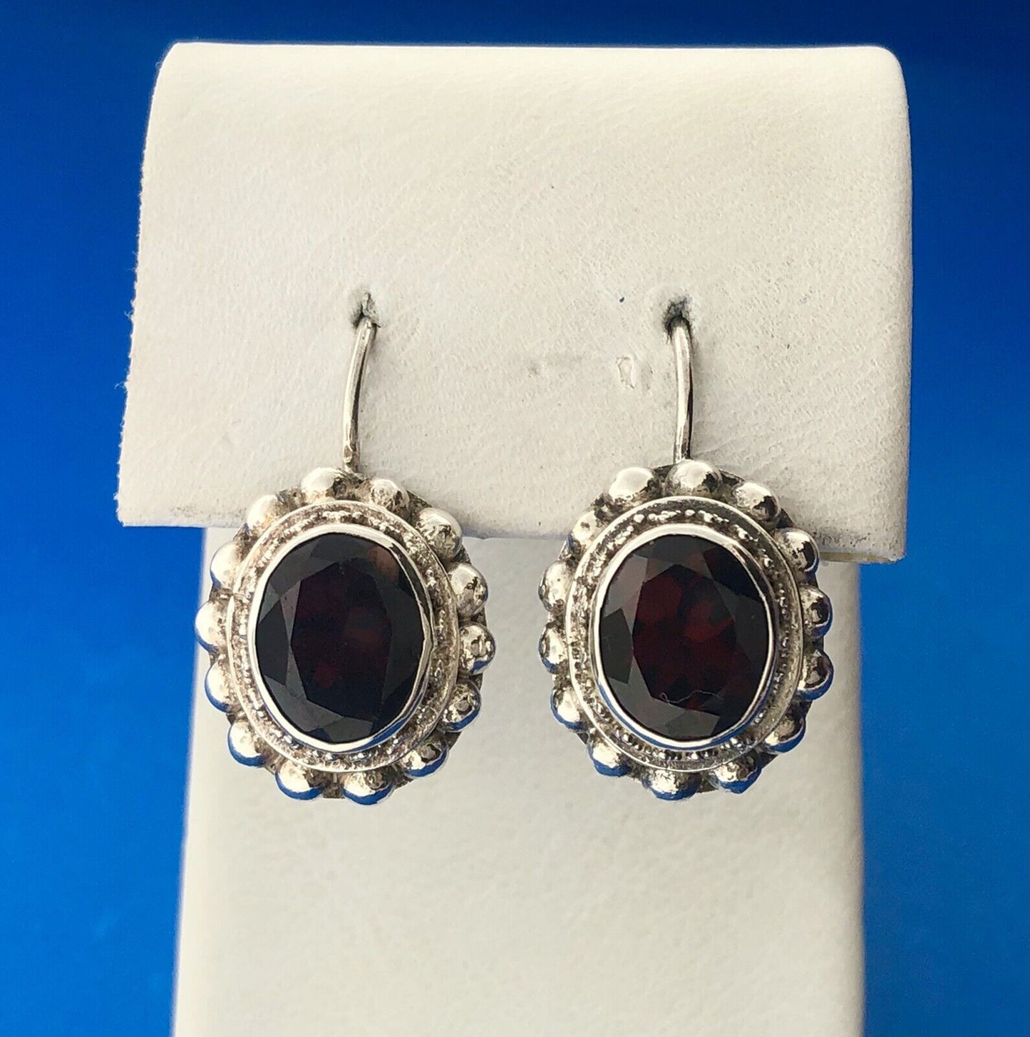 Stunning Sterling Silver 925 Oval Cut Garnet French Wire Hook Earrings