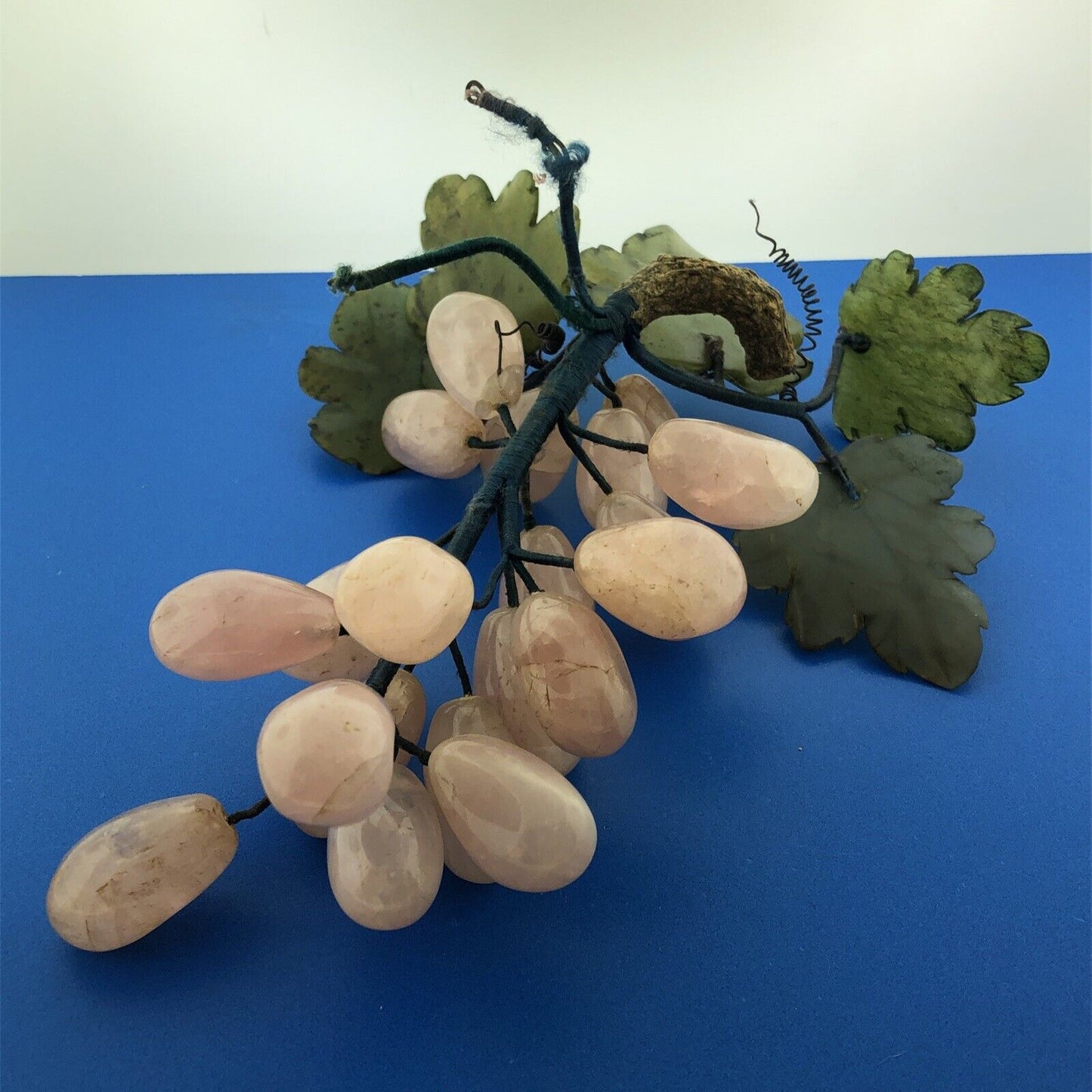 Mid Century Rose Quartz Grape Cluster Hand Carved Jade Leaves Decorative