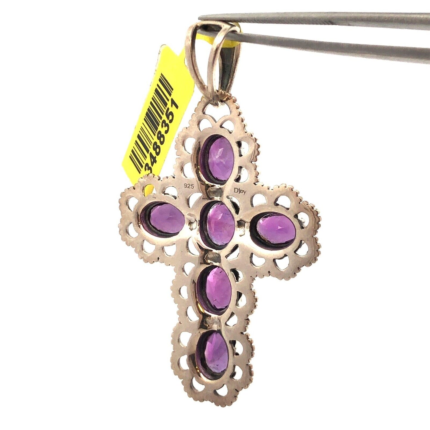 Designer DJoy 925 Sterling Silver Oval Amethyst Beaded Detail Cross Pendant