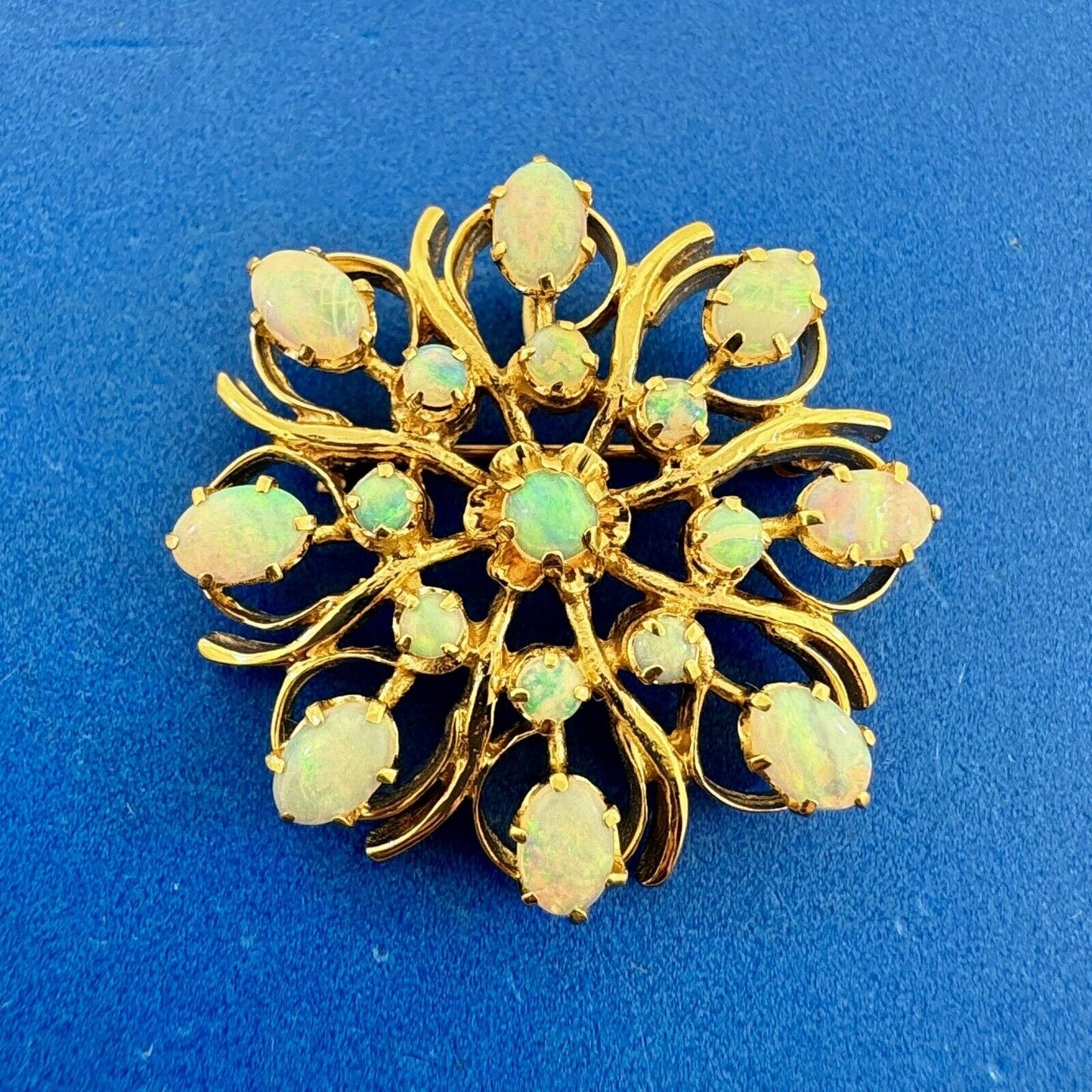 Beautiful 14K Yellow Gold Opal Round Flower Snowflake Pendant Brooch