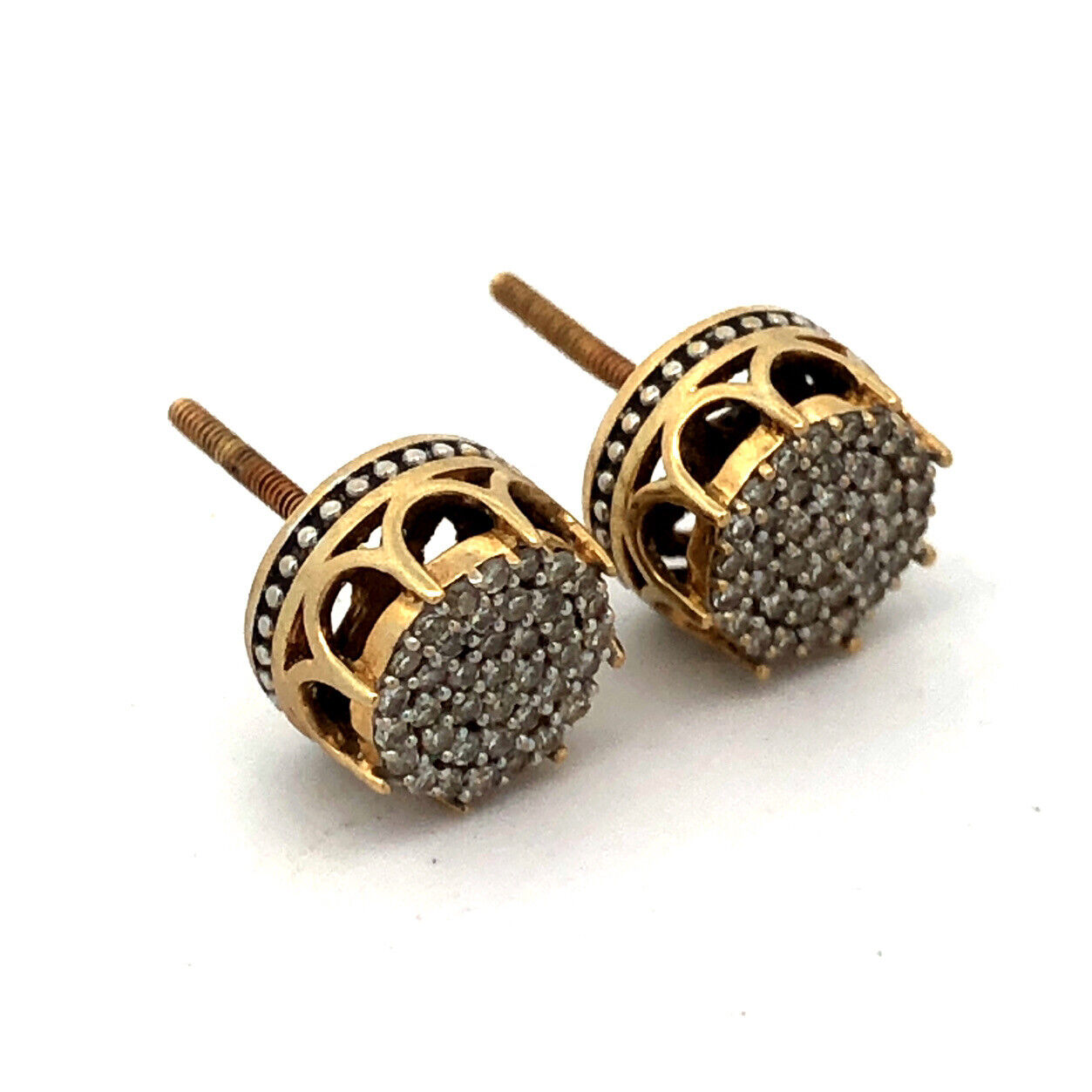 Designer 10K Yellow White Gold Pave Diamond Screw Back Stud Earrings