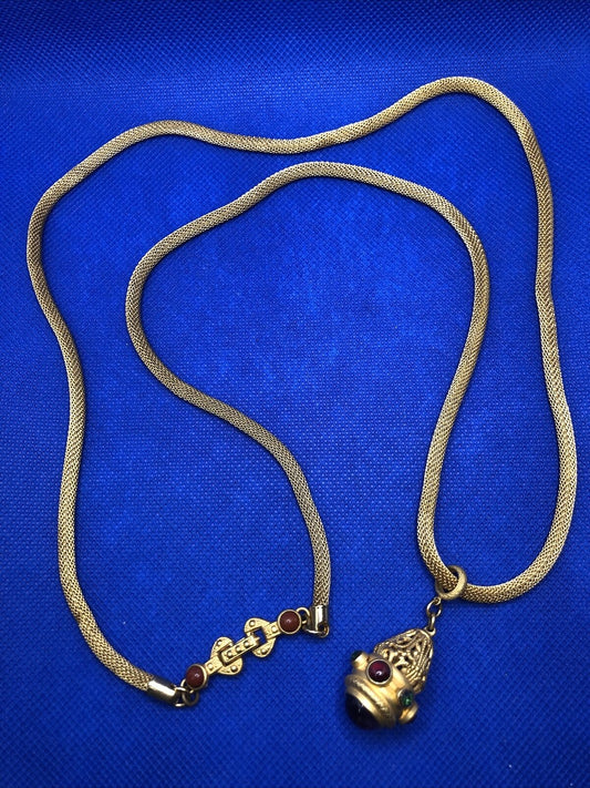 Vintage Gold Tone Multi Color Glass Cabochons Tubular Mesh Pendant Necklace