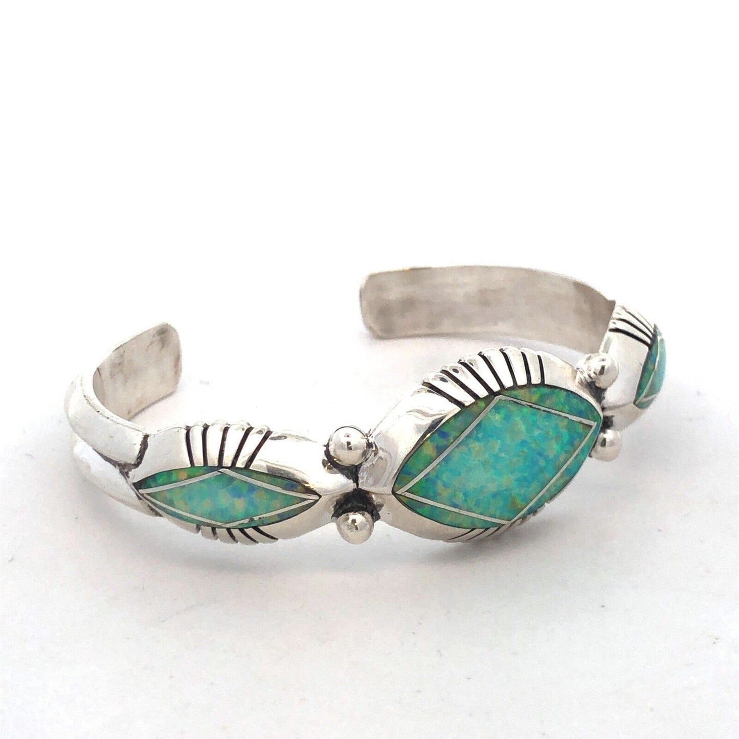 Native American Jerry T Nelson 925 Sterling Silver Blue Opal Oval Cuff Bracelet