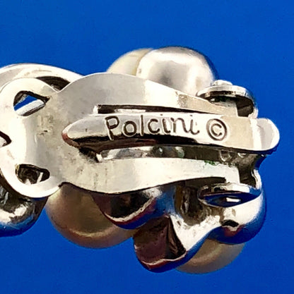 Polcini Signed Silver Tone Rhinestone Faux Pearl Modernist Bouquet Clip Earrings