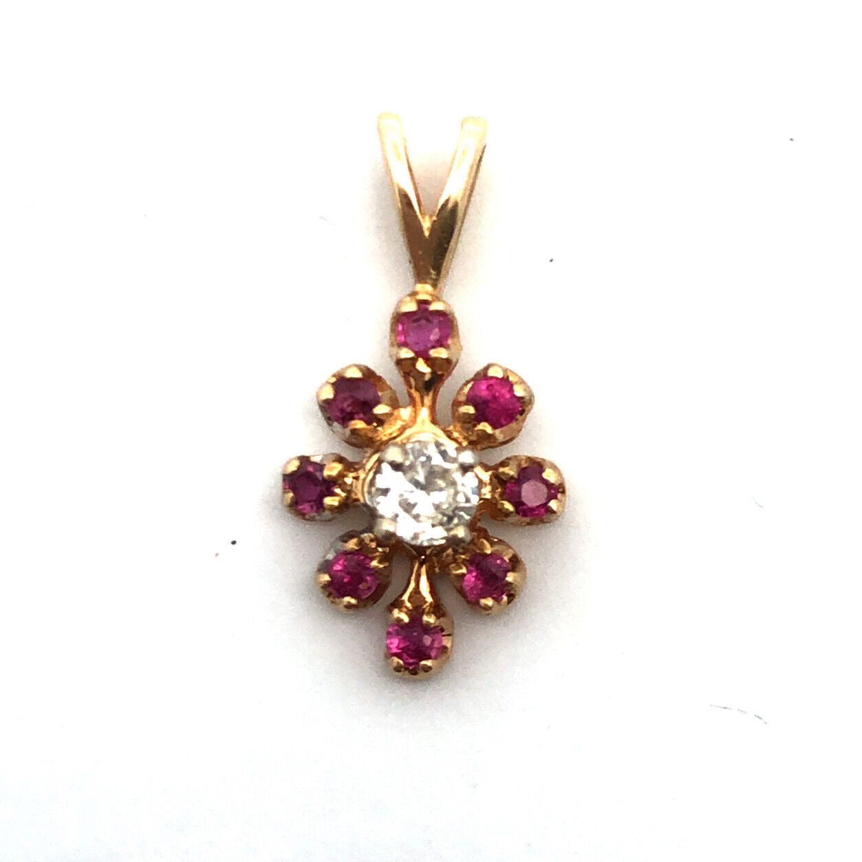 14K Yellow Gold Ruby Diamond Flower Floral Drop Charm Pendant