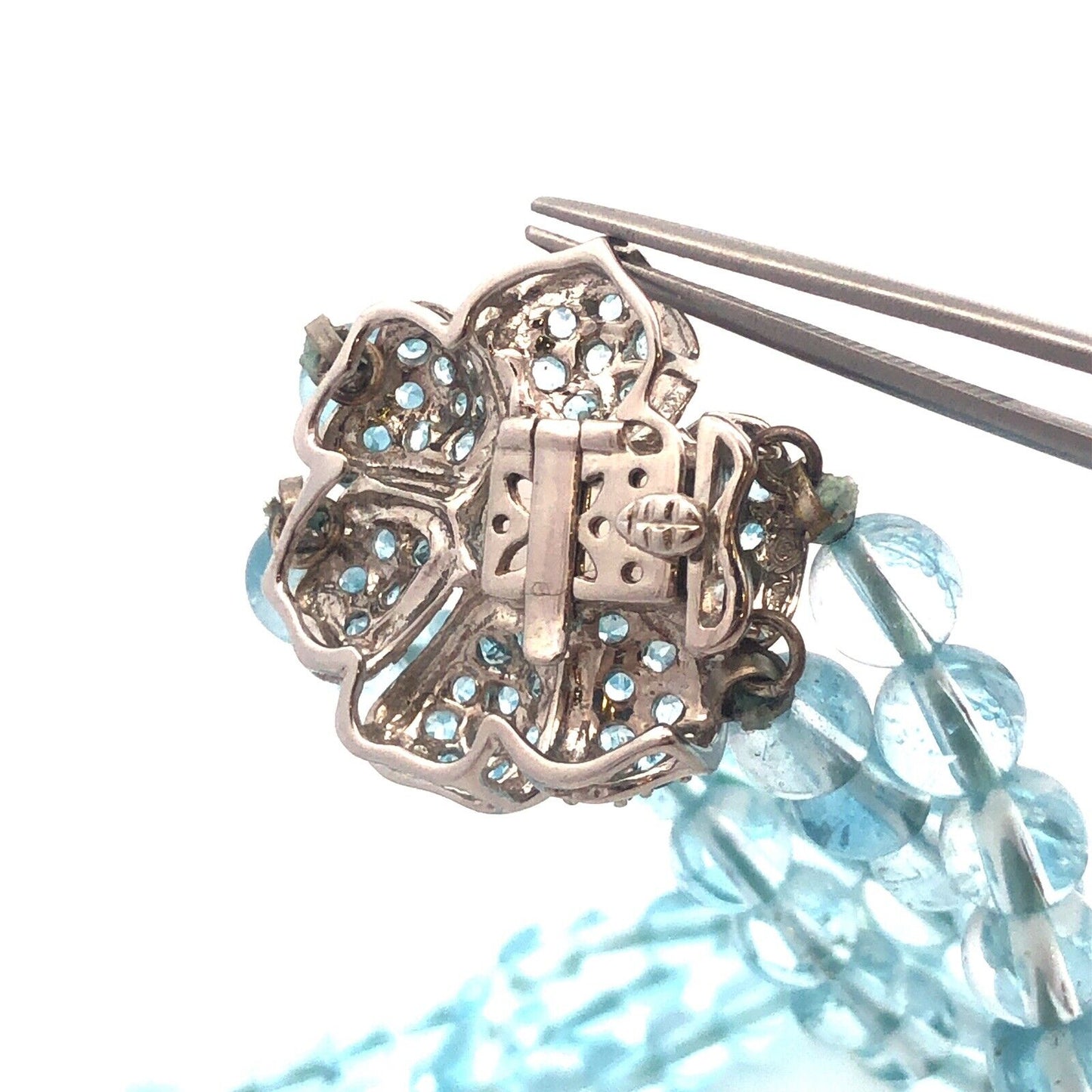 Gorgeous 14k White Gold Blue Topaz Poppy Flower Statement 18.5" Bead Necklace