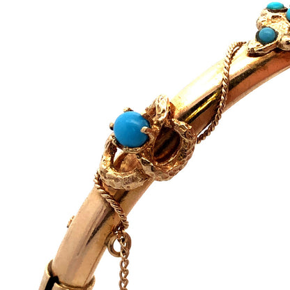 Estate 14K Yellow Gold Round Turquoise Pearl Art Deco Hinged Bangle Bracelet