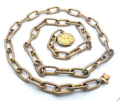 Vintage Gold Tone Paper Clip Chain Faux Ancient Coin Clasp Statement Necklace
