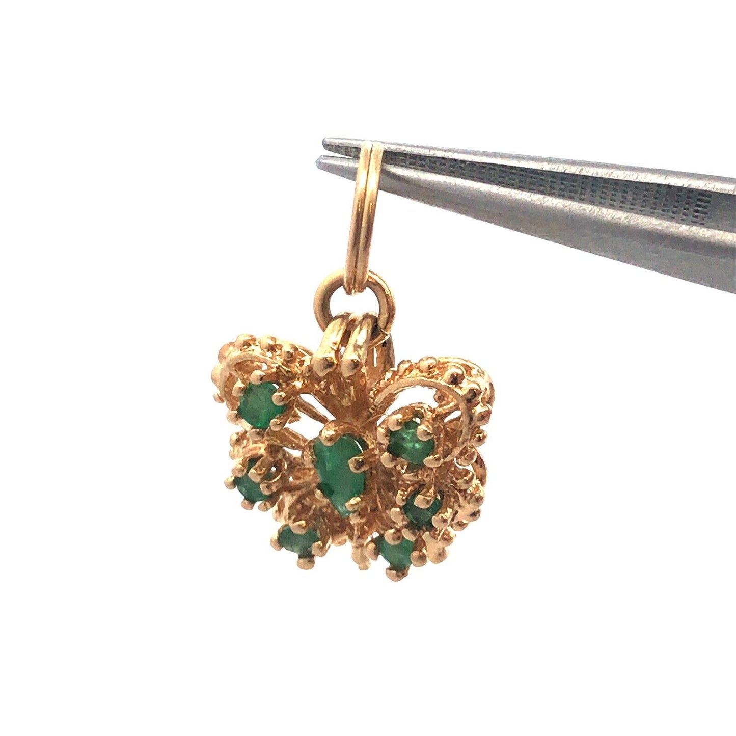 Charming Vintage 14K Yellow Gold Emerald Butterfly Filigree Charm Pendant