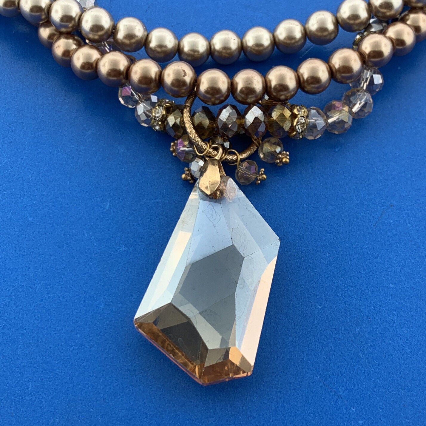 Gold Tone Faux Pearl Crystal Bead Faceted Glass Pendant Statement Necklace
