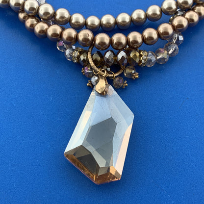 Gold Tone Faux Pearl Crystal Bead Faceted Glass Pendant Statement Necklace