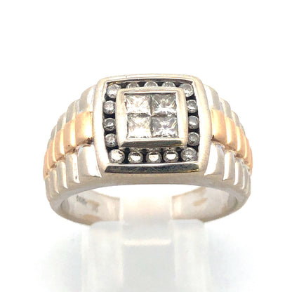 14K White Yellow Gold Princess Diamond Quad Men's Two Toned Ribbed Dome Ring