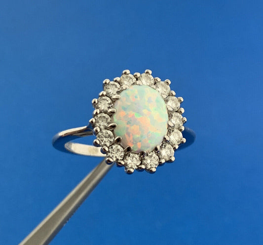 Designer 925 Sterling Silver Opal Cabochon Cubic Zirconia CZ Halo Cocktail Ring