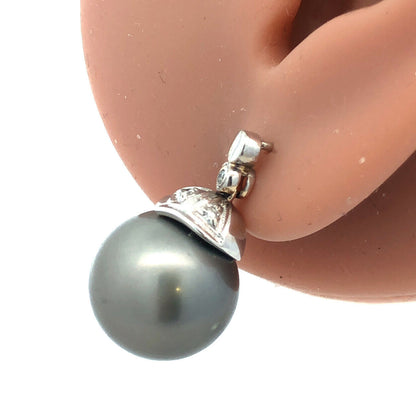 Gorgeous 14k White Gold Gray Pearl Round Cut Diamond Dangle Earrings 13.5mm