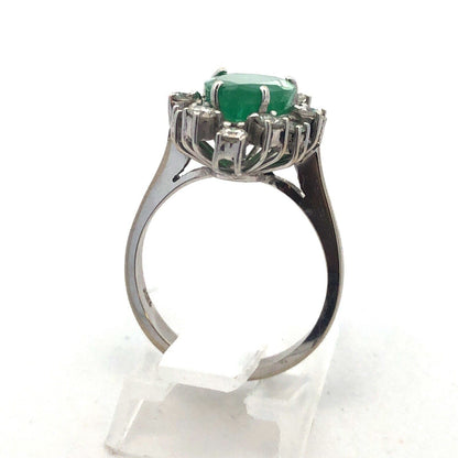 Vintage 18K White Gold Pear Natural Emerald Diamond Halo May Cocktail Ring