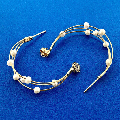 Estate JCM 14K Yellow Gold Pearl Station Three Wire Bridal Wedding Hoop Earrings