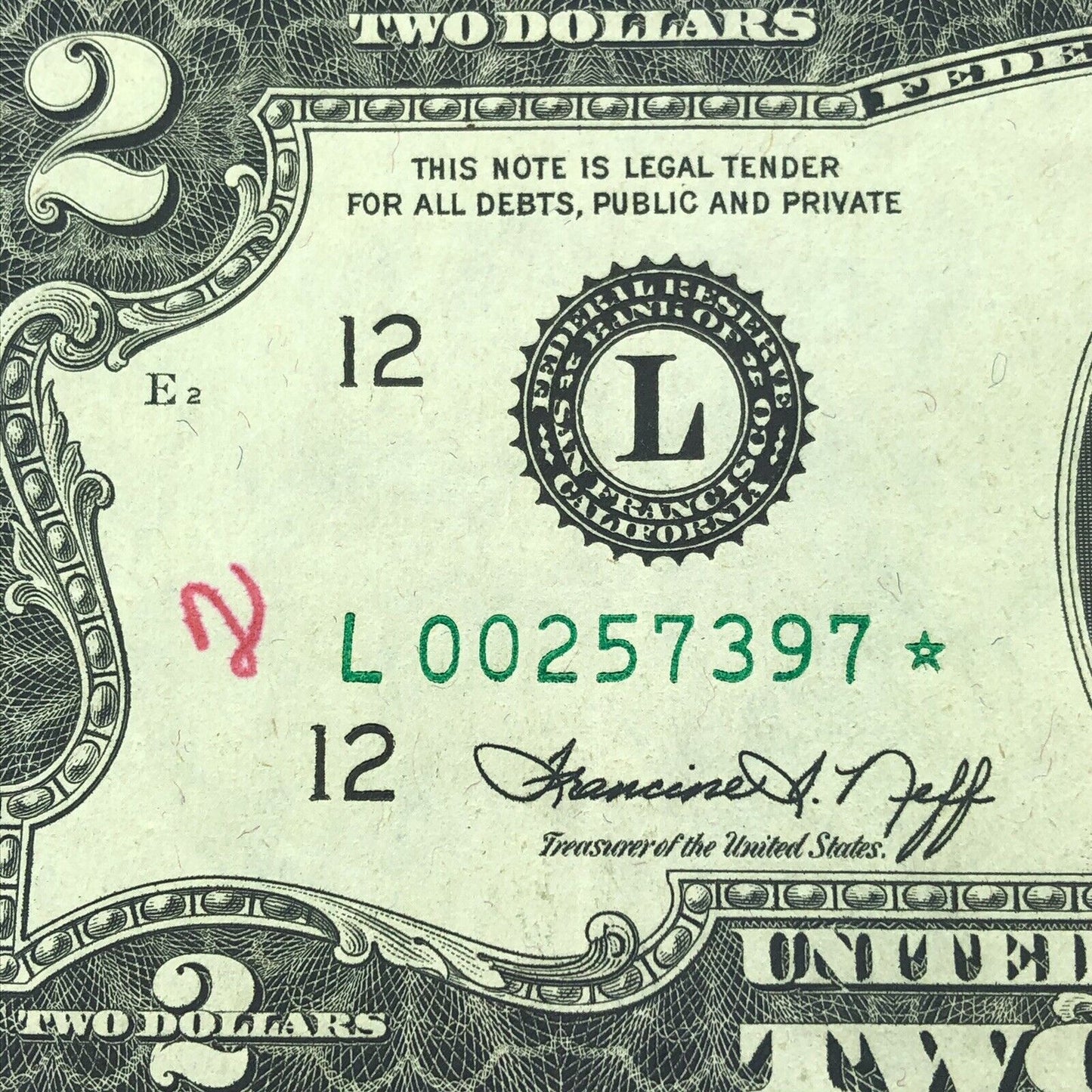 1976 Series $2 Federal Reserve San Francisco Star Note FR F-1935L* Tellers Mark