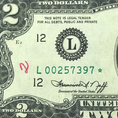 1976 Series $2 Federal Reserve San Francisco Star Note FR F-1935L* Tellers Mark