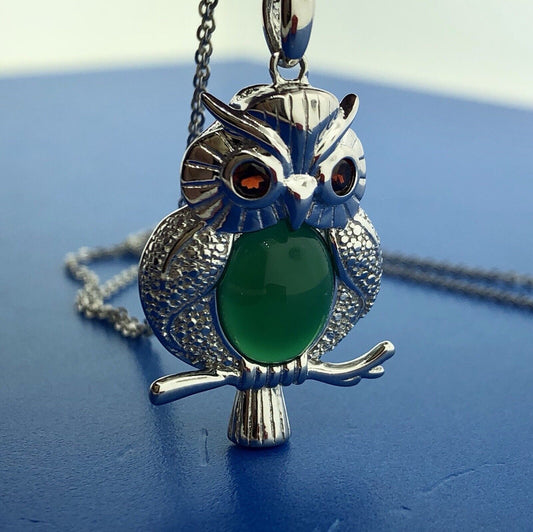 Designer Sterling Silver Green Onyx Garnet Textured Plump Owl Fashion Necklace