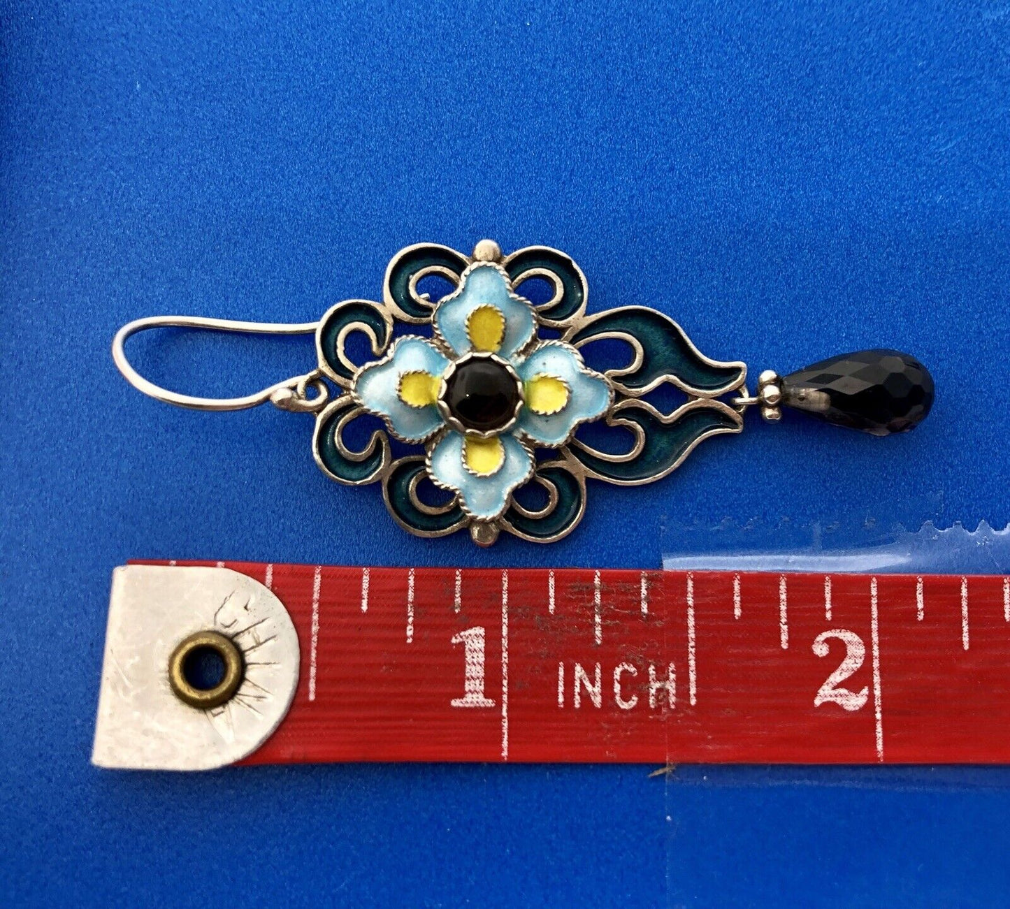 Designer BJ Sterling Silver 925 Smoky Topaz Enamel Floral Scroll Dangle Earrings