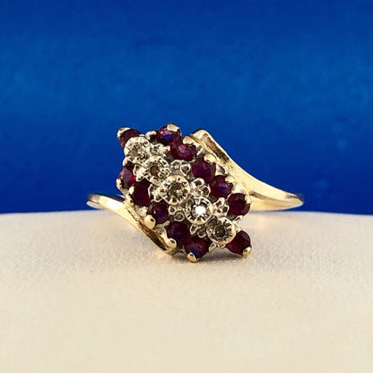 Vintage 10K Yellow Gold Ruby Diamond Cluster Bypass Cocktail July Occasion Ring