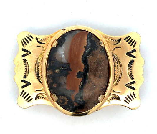 Retro Gold Tone Brass Southwestern Etched Oval Volcanic Stone Unisex Belt Buckle