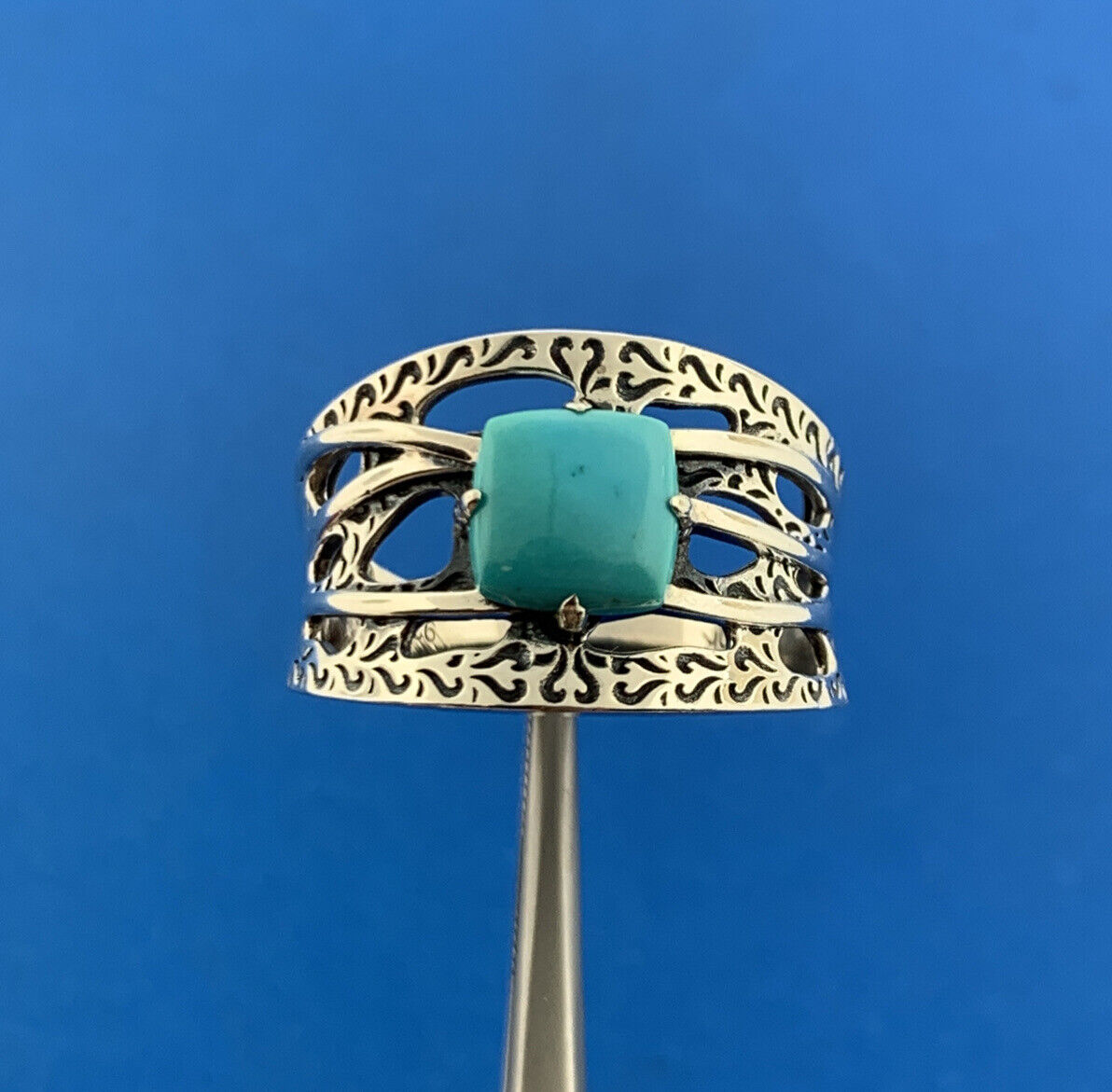 Designer DK Sterling Silver 925 Cabochon Square Blue Turquoise Ring Size 10