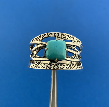 Designer DK Sterling Silver 925 Cabochon Square Blue Turquoise Ring Size 10