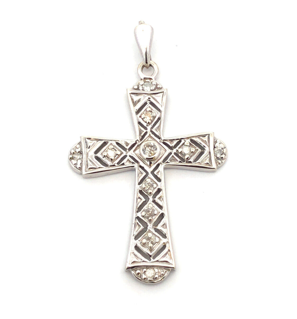 Designer 10K White Gold Diamond Accented Open Work Statement Cross Pendant