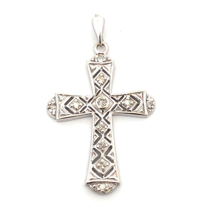 Designer 10K White Gold Diamond Accented Open Work Statement Cross Pendant