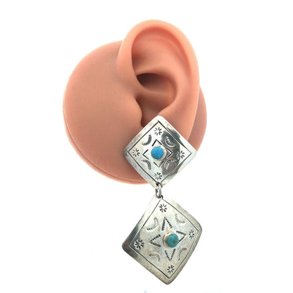 Vintage Taxco TT-44 925 Sterling Silver Turquoise Concho Dangle Stud Earrings