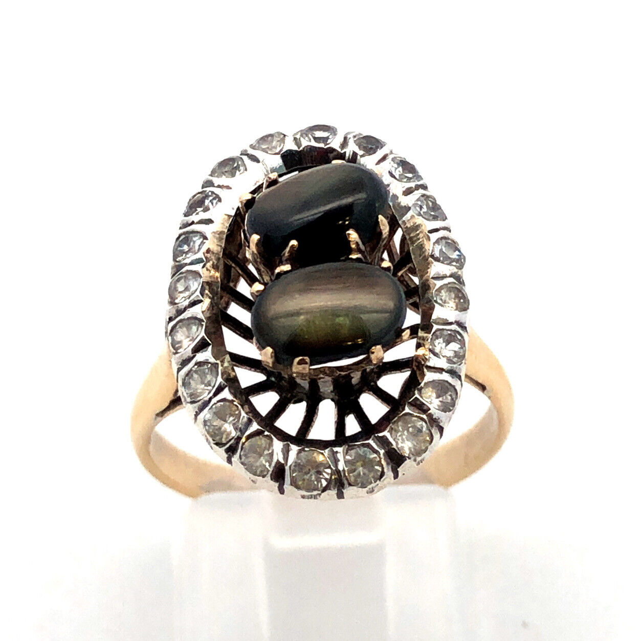 Vintage 14K Yellow Gold Black Star Sapphire White Amethyst Halo Cocktail Ring