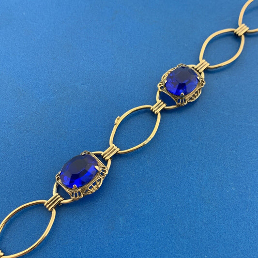 Art Deco AMCO Gold Filled Sterling Silver Faceted Blue Glass Oval Link Bracelet
