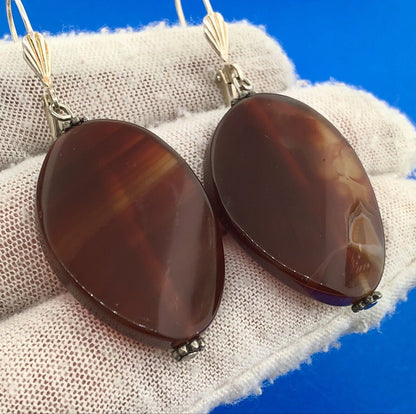 Retro Silver Toned Banded Agate Modernist Wave Statement Dangle Earrings