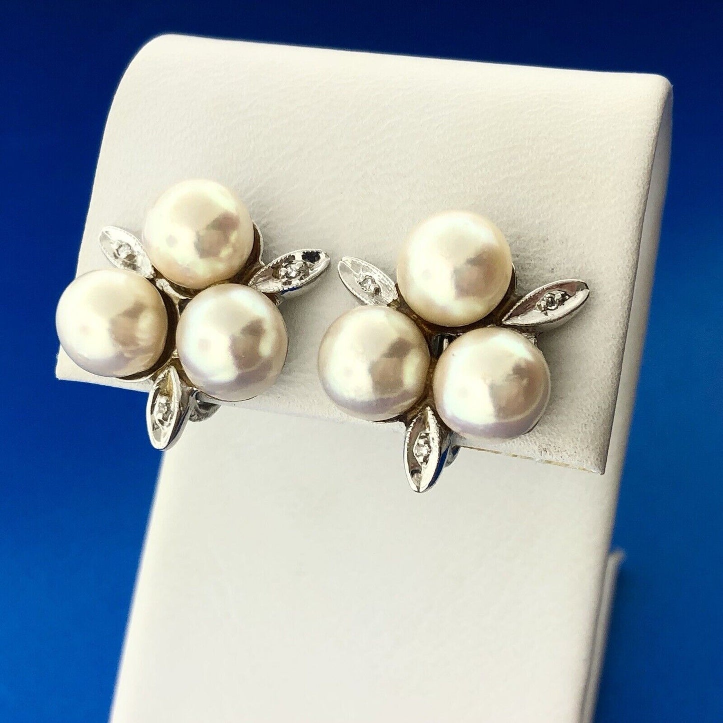 Mid Century Glamorous 14K White Gold Pearl Diamond Bridal Screw Clip Earrings