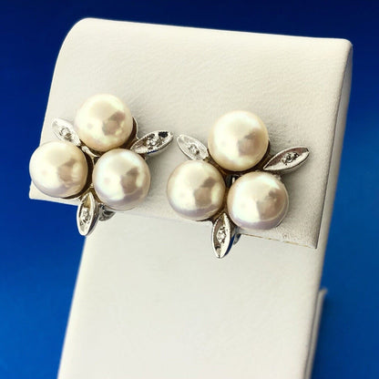 Mid Century Glamorous 14K White Gold Pearl Diamond Bridal Screw Clip Earrings