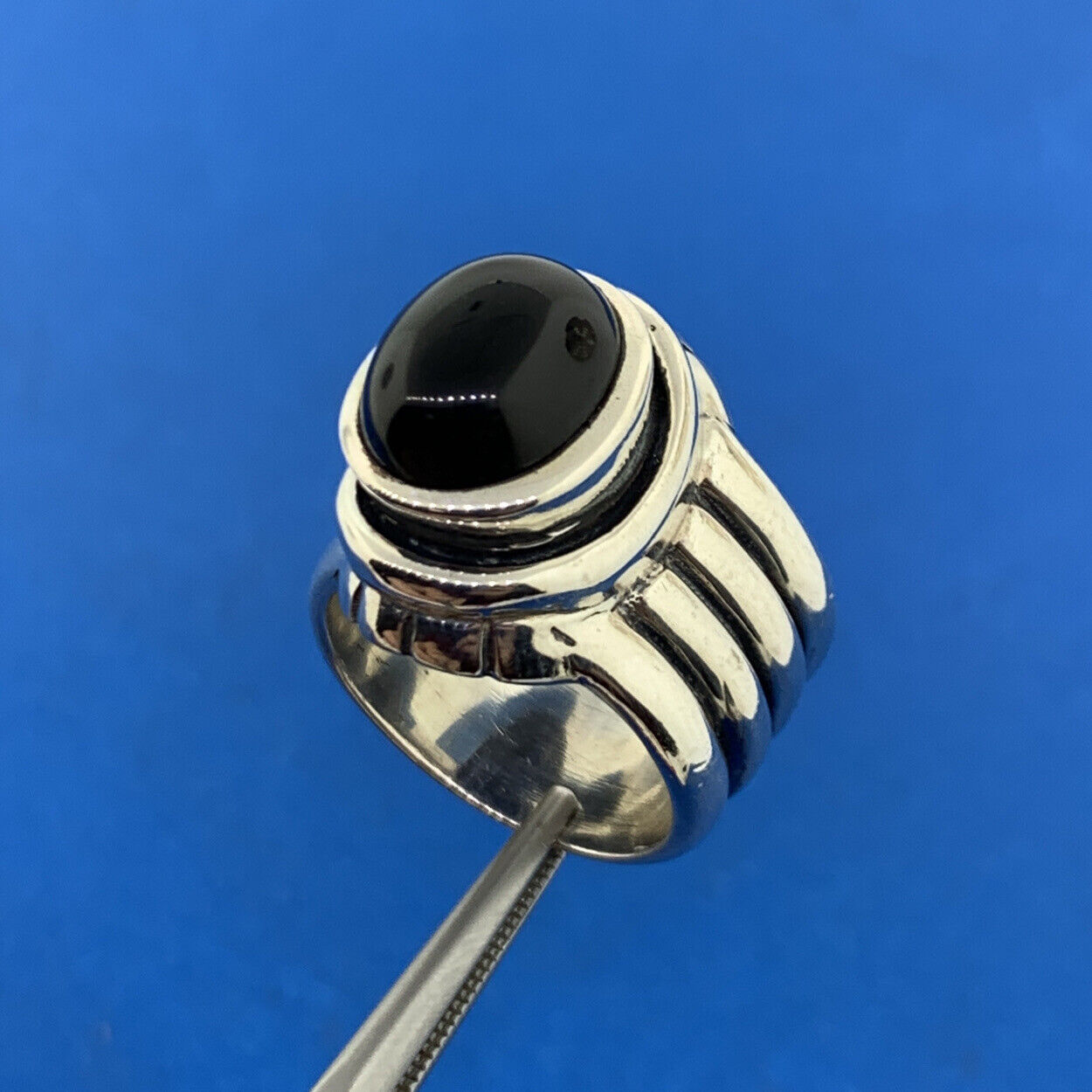 Designer 925 Sterling Silver Oval Black Onyx Cabochon Ribbed Statement Ring