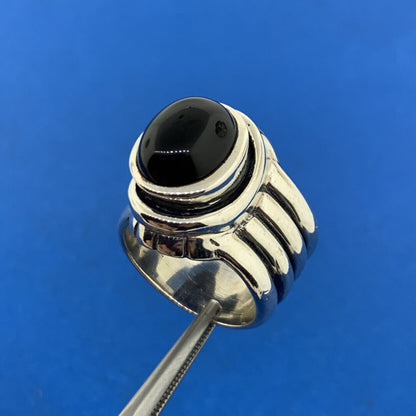 Designer 925 Sterling Silver Oval Black Onyx Cabochon Ribbed Statement Ring