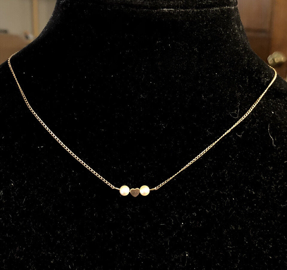 14K Yellow Gold Filled Pearl Heart Station Valentines Love Choker Necklace