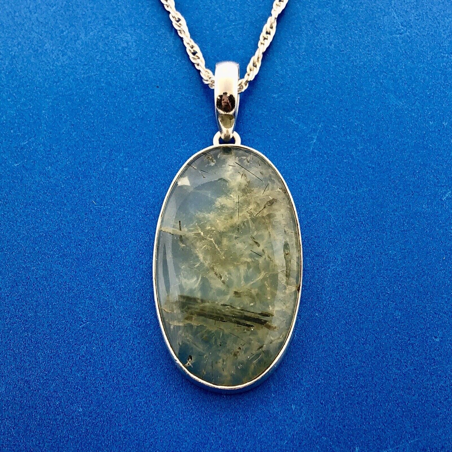 Heart Chakra 925 Sterling Silver Green Reticulated Quartz Oval Statement Pendant