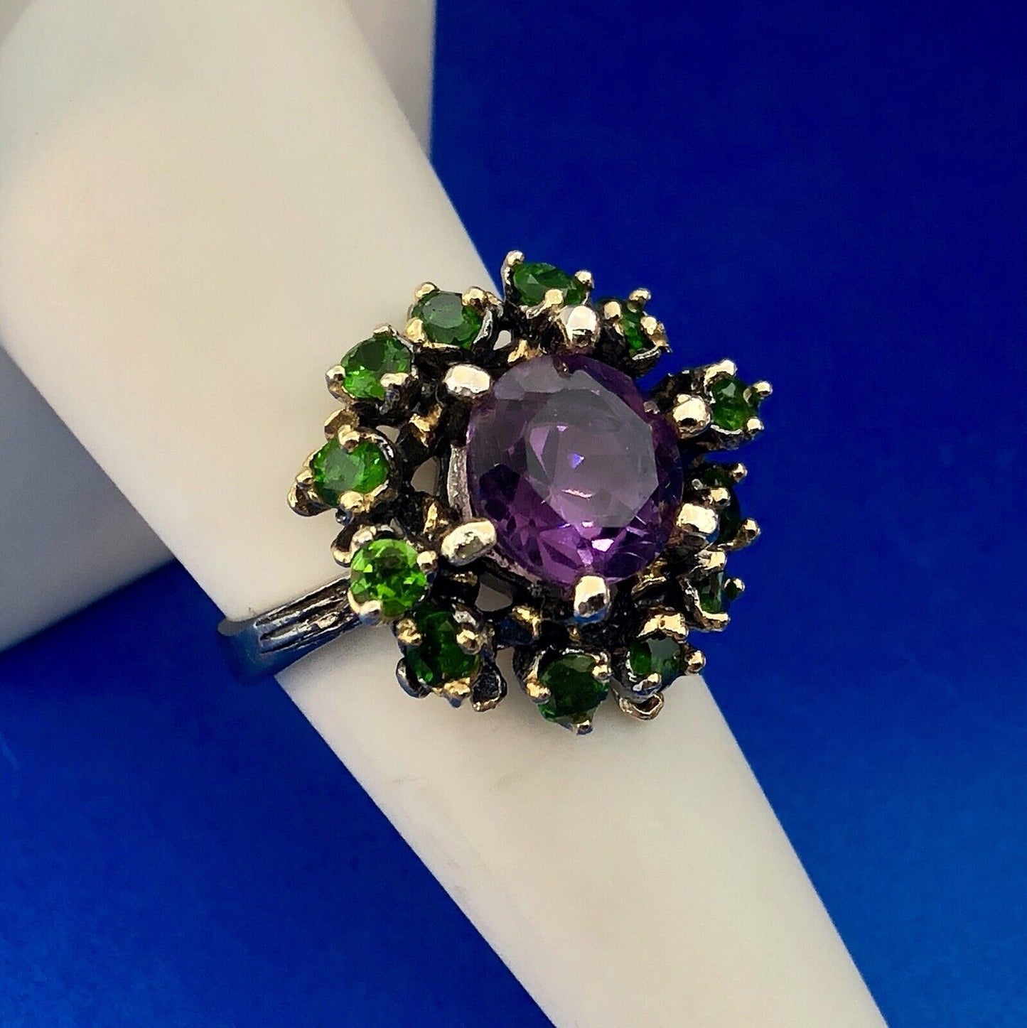 Fabulous 925 Sterling Silver Amethyst Solitaire Green Garnet Halo Cluster Ring