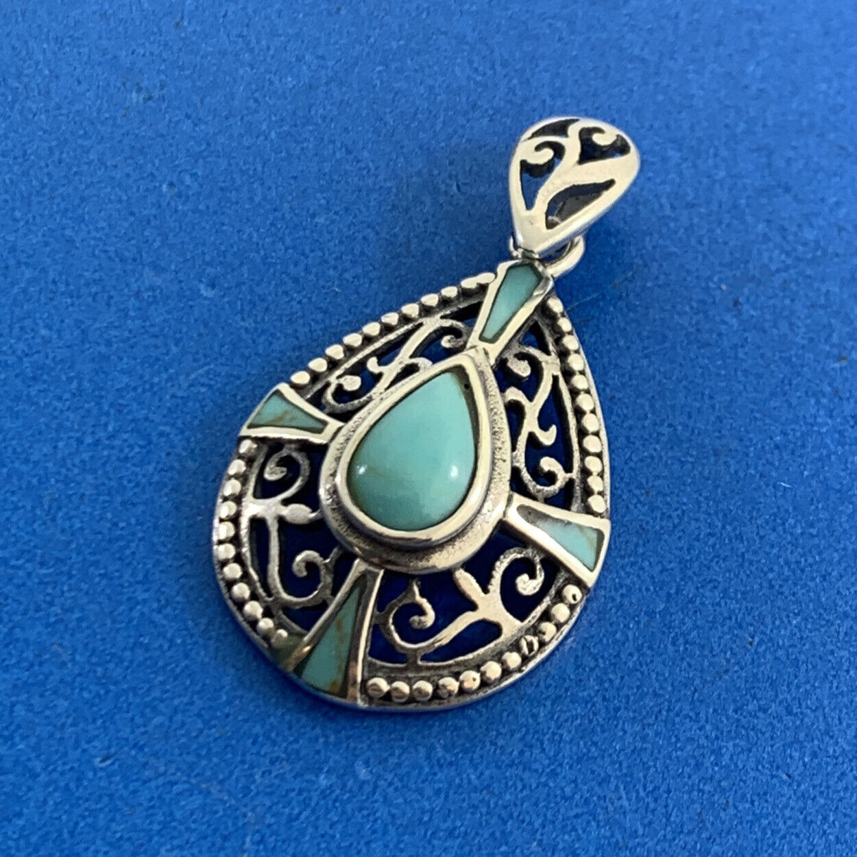 Balinese Style 925 Sterling Silver Pear Turquoise Bead And Scroll Pendant