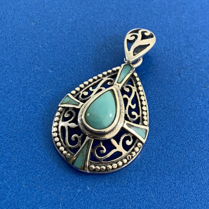 Balinese Style 925 Sterling Silver Pear Turquoise Bead And Scroll Pendant