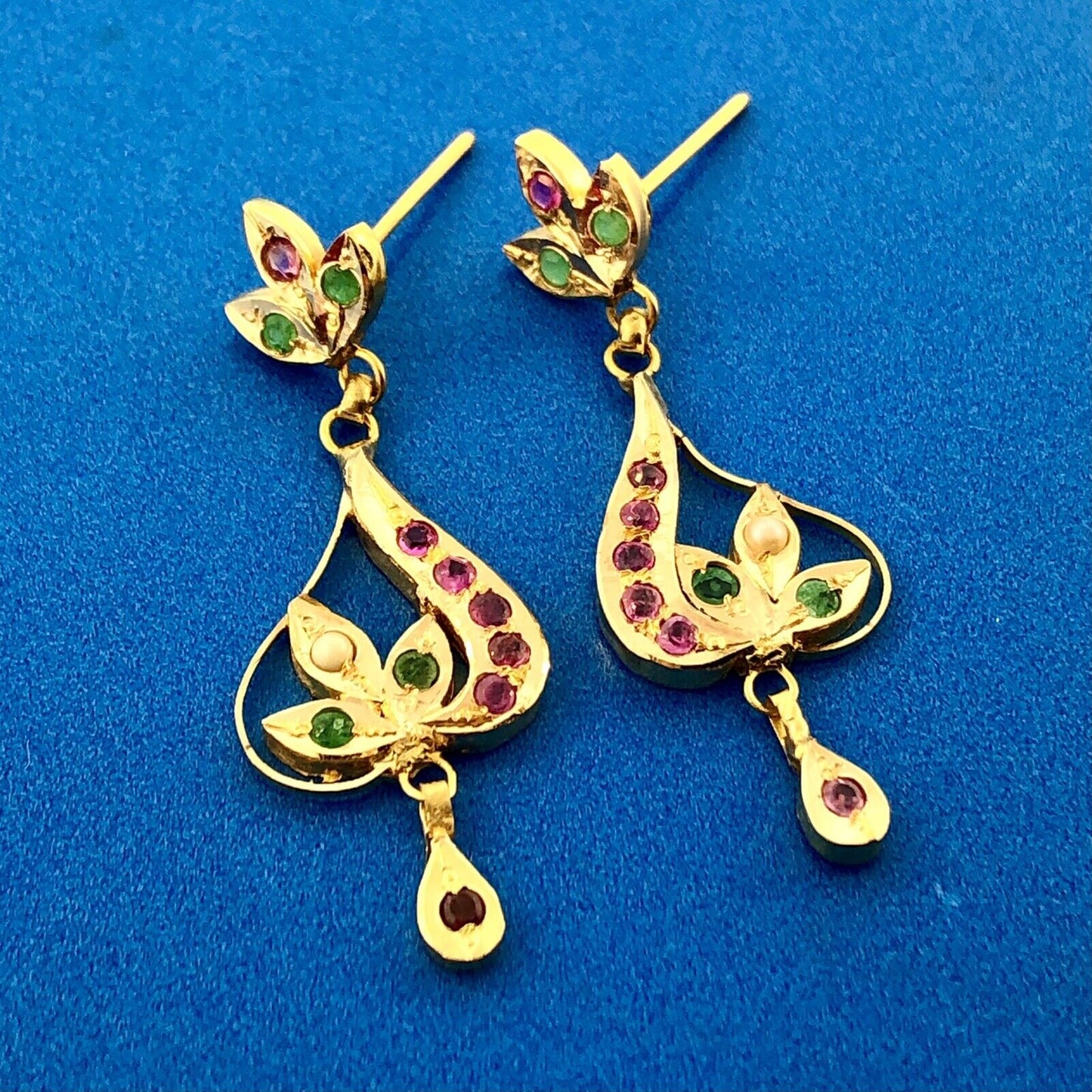 Vintage 10K Yellow Gold Ruby Emerald Pearl Floral Tiered Drop Dangle Earrings