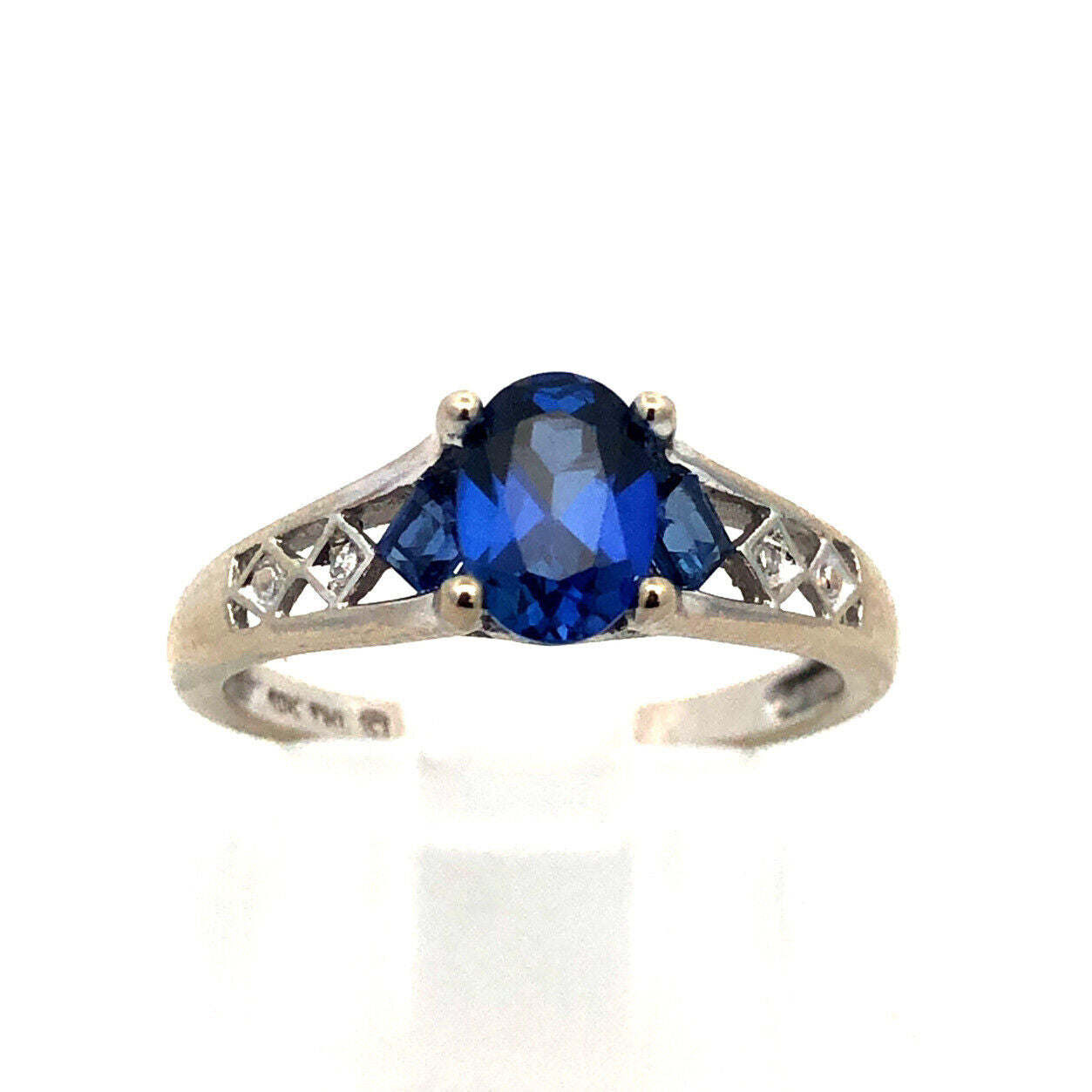 Designer 10K White Gold Oval Blue Sapphire Round Diamond Accented Ring