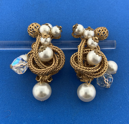 Vintage Gold Tone Faux Pearl Crystal Bead Knotted Rope Statement Clip Earrings