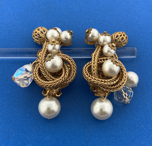 Vintage Gold Tone Faux Pearl Crystal Bead Knotted Rope Statement Clip Earrings